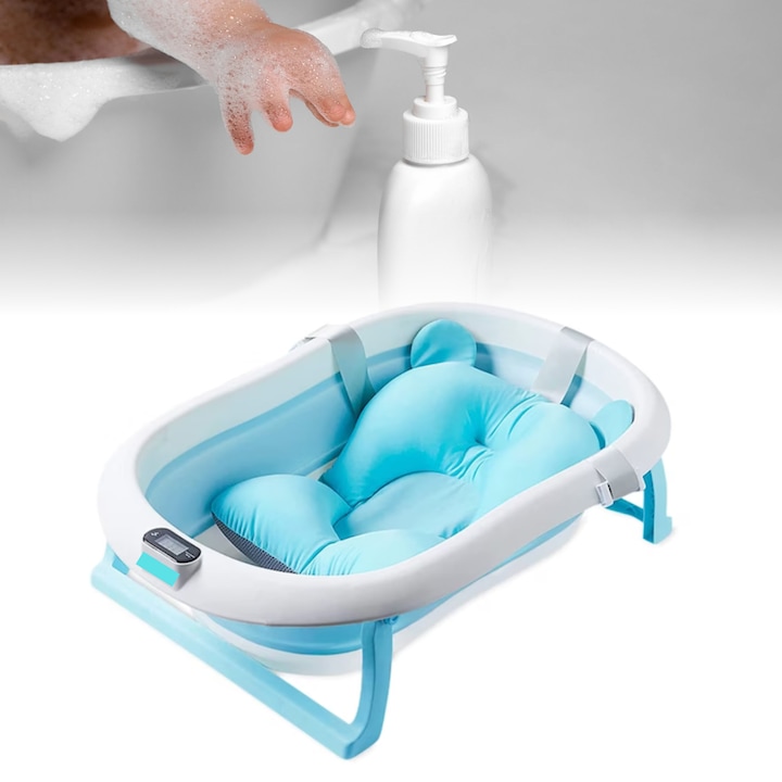 Cadita pliabila bebelusi cu termometru digital, Albastru