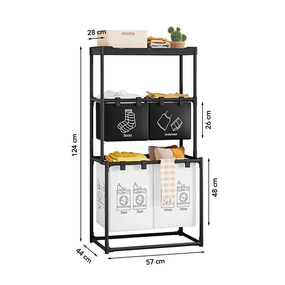 Cos de rufe, 3 niveluri, 4 sectiuni, metal, negru