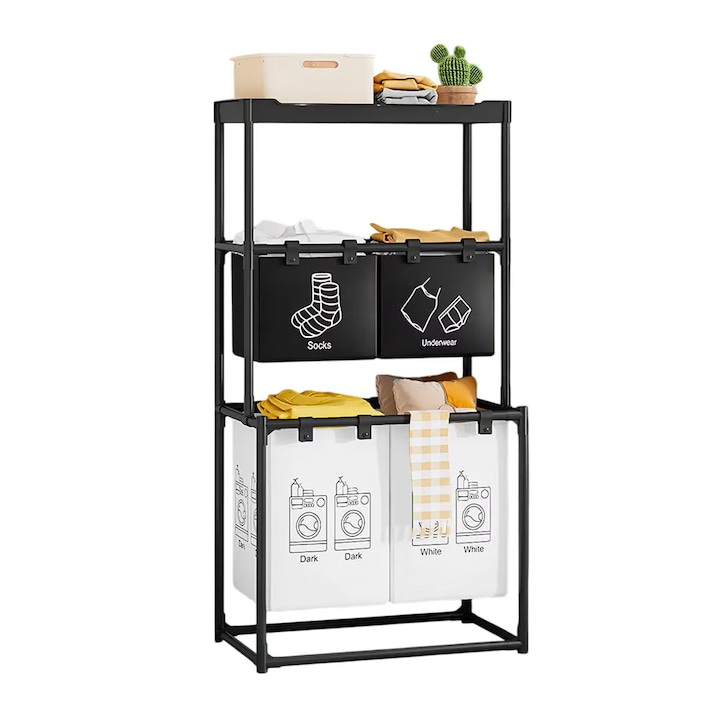 Cos de rufe, 3 niveluri, 4 sectiuni, metal, negru