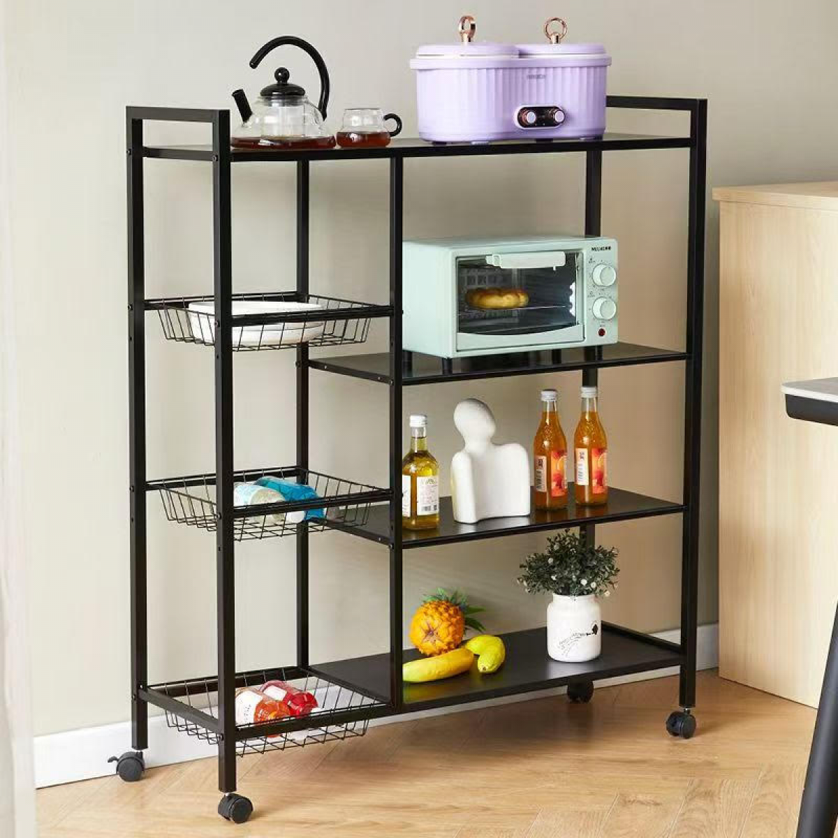 Raft metalic cu 4 polite, 108 cm, Negru