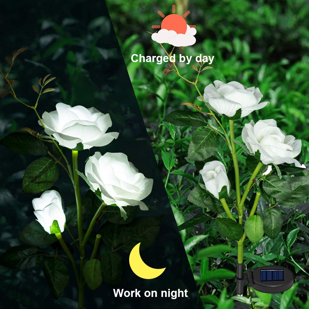 Set 2 x Lampa solara Trandafir Alb, 3 flori LED