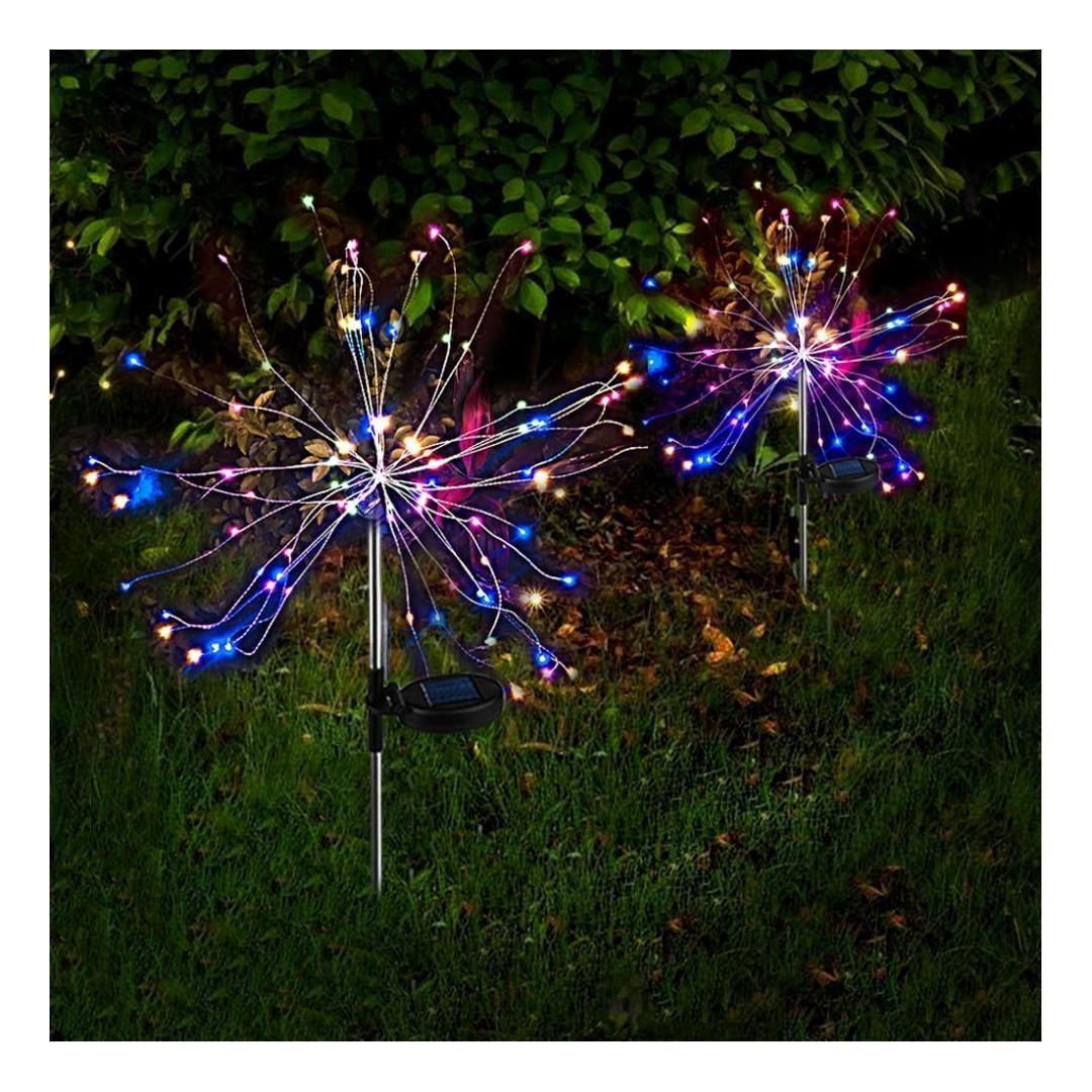 Set 2 x Lampa solara artificii cu suport metalic, 120 LED, multicolor