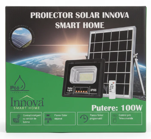 Proiector solar Innova 100 W, IP66, 6500K, telecomanda, indicator baterie