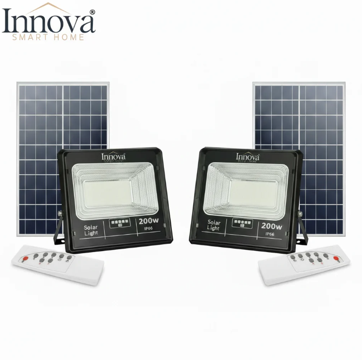 Proiector solar Innova 200W, IP66, 6500K, telecomanda, indicator baterie