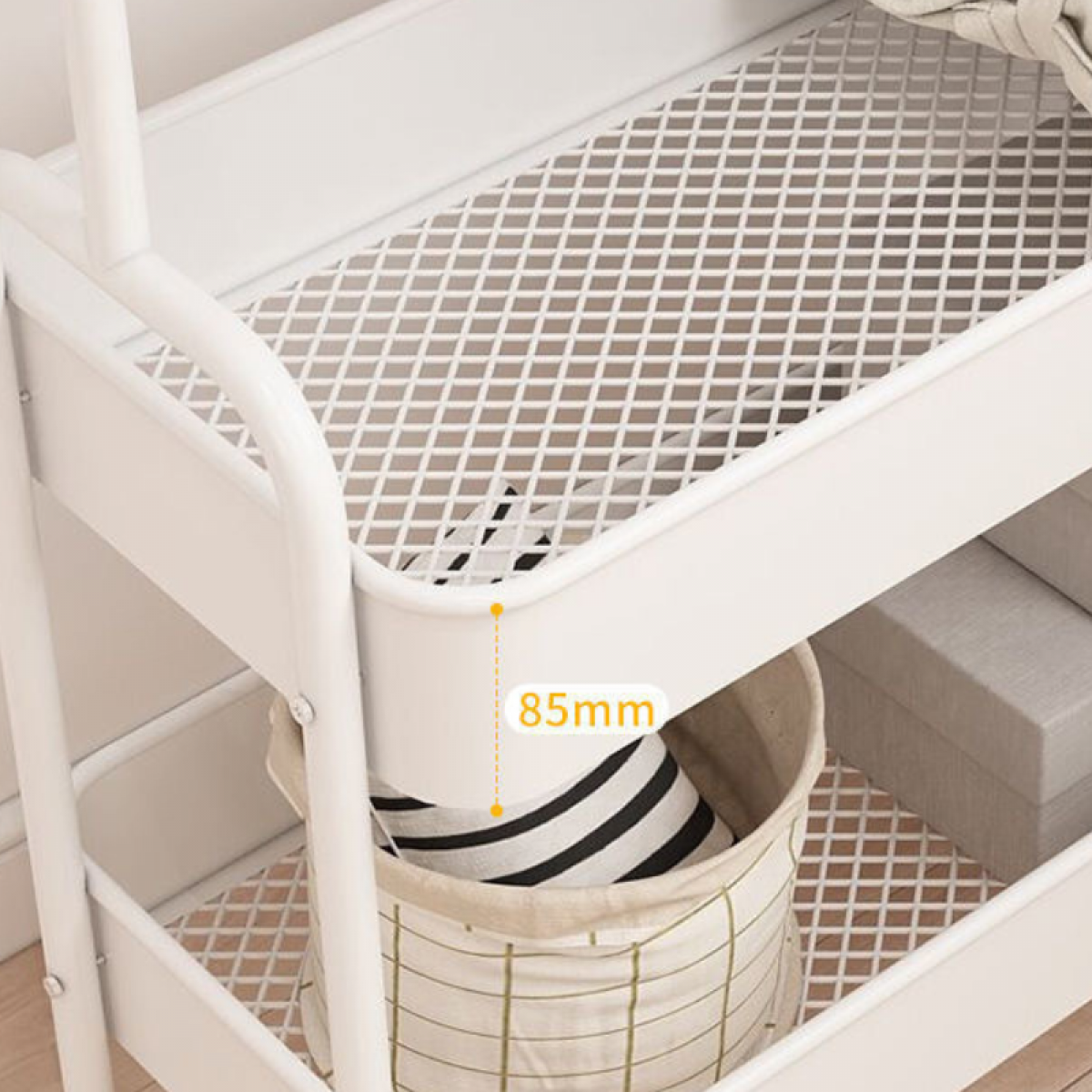 Suport portabil 2 rafturi, 2 carlige, 4 roti, 159 cm, Alb