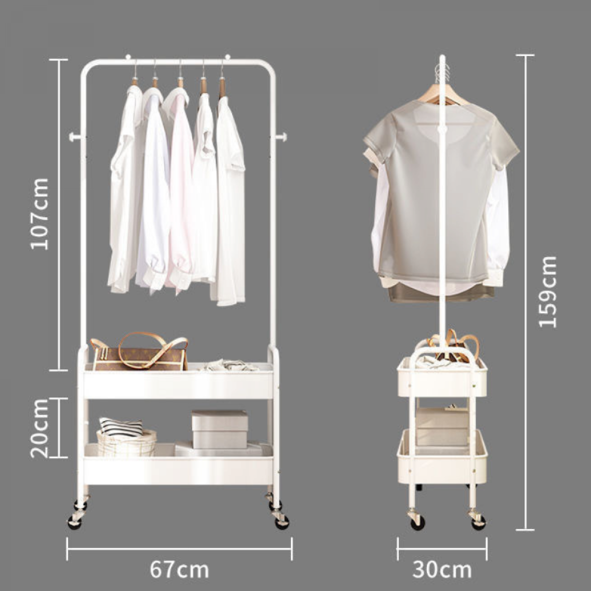 Suport portabil 2 rafturi, 2 carlige, 4 roti, 159 cm, Alb