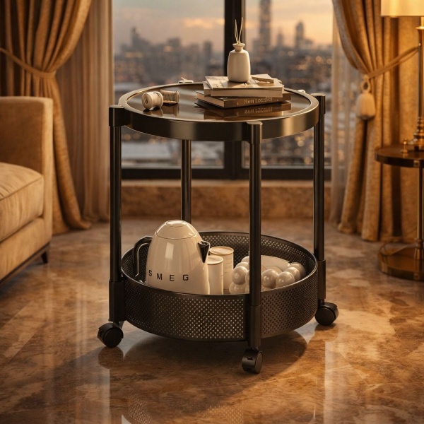 Masa pliabila cu roti si raft metalic, blat rotund, 38 x 52 cm