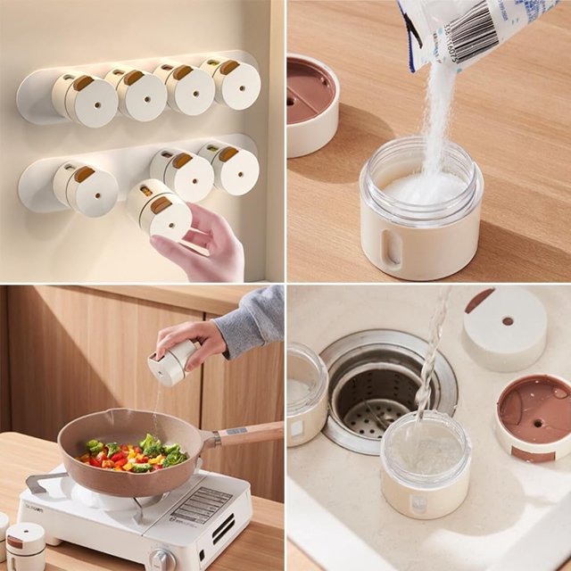 Set 4 recipiente pentru condimente, suport de perete, prindere magnetica