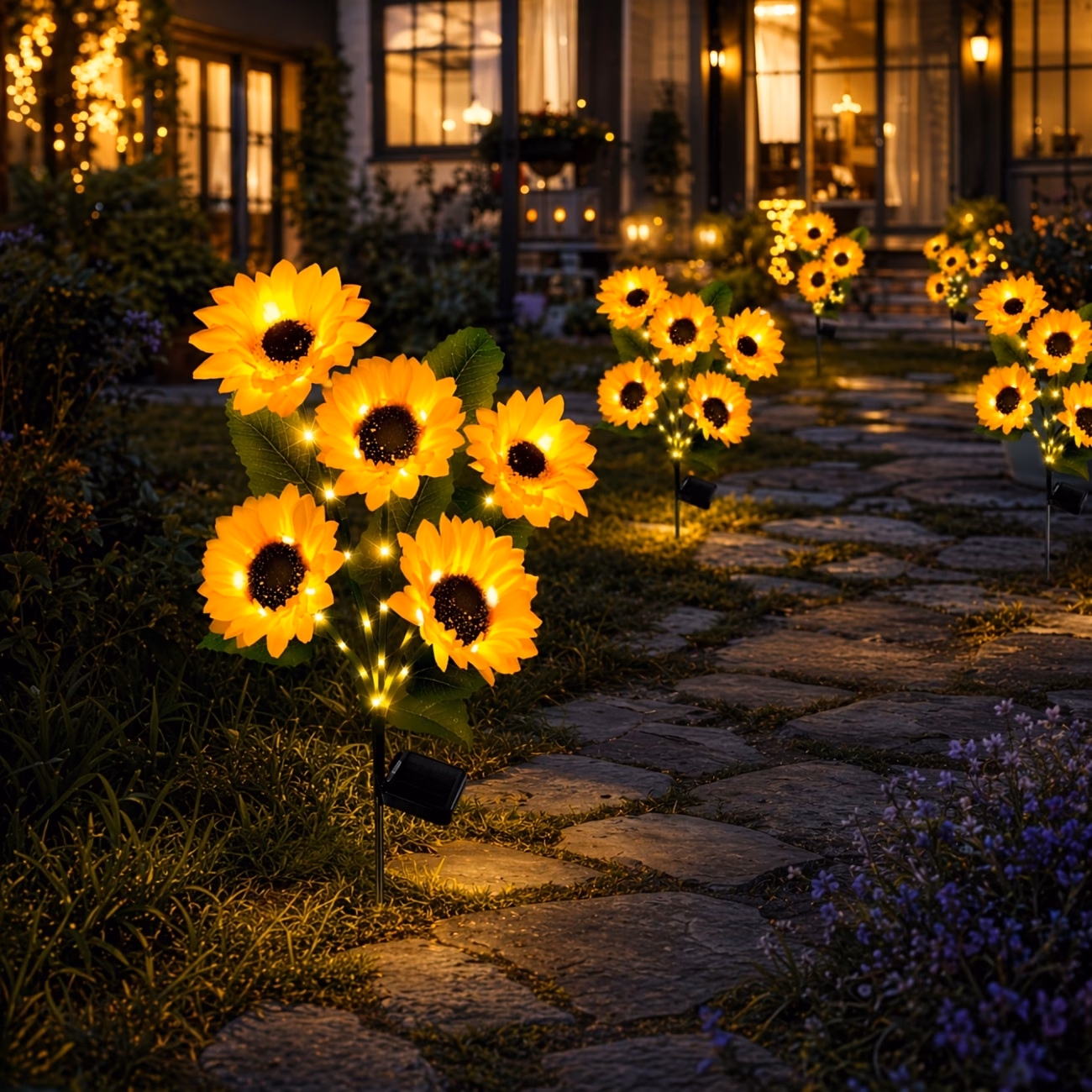 Set 4 x lampa solara 5 flori, 70 cm, Floarea Soarelui