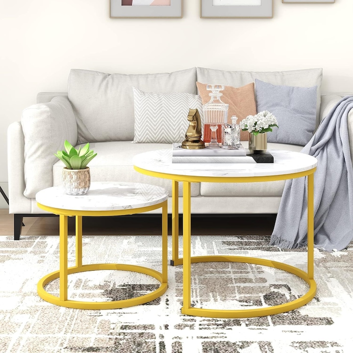 Set 2 masute living metal, efect marmura, 50x38 cm si 70x45 cm