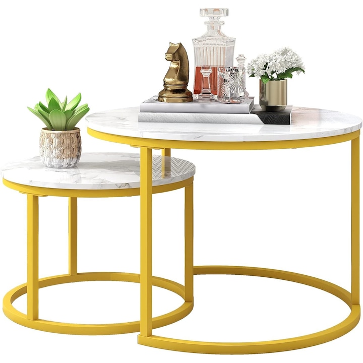 Set 2 masute living metal, efect marmura, 50x38 cm si 70x45 cm