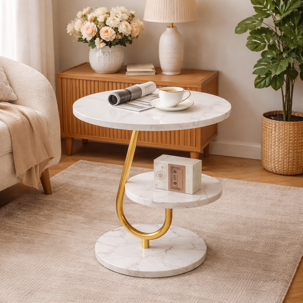 Masuta rotunda cu raft inferior, blat tip marmura, 45x60 cm