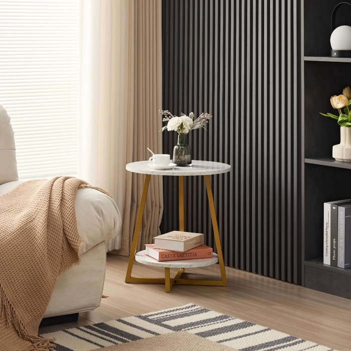 Masuta cafea rotunda cu raft inferior, blat tip marmura, 55x40 cm