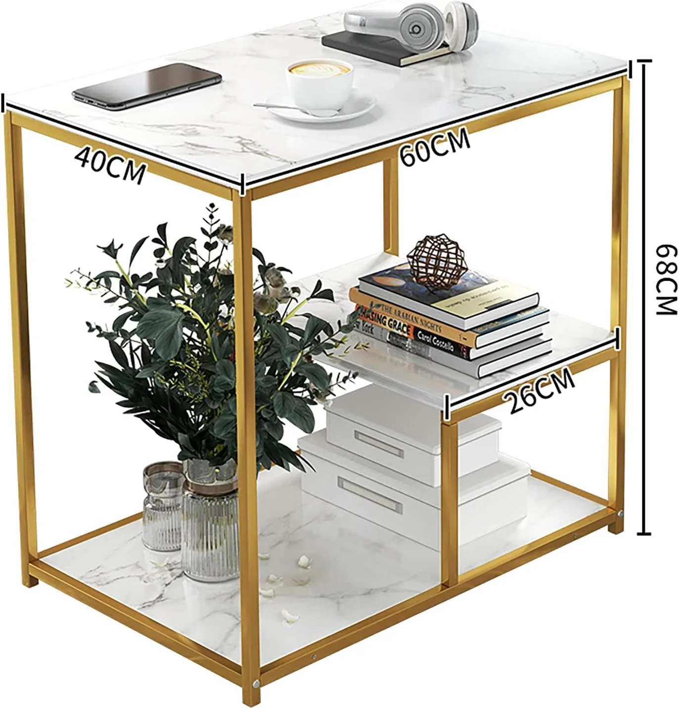 Masuta blat tip marmura, cadru metalic, 3 niveluri, 60x40x68 cm