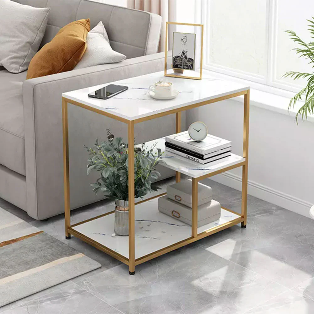 Masuta blat tip marmura, cadru metalic, 3 niveluri, 60x40x68 cm