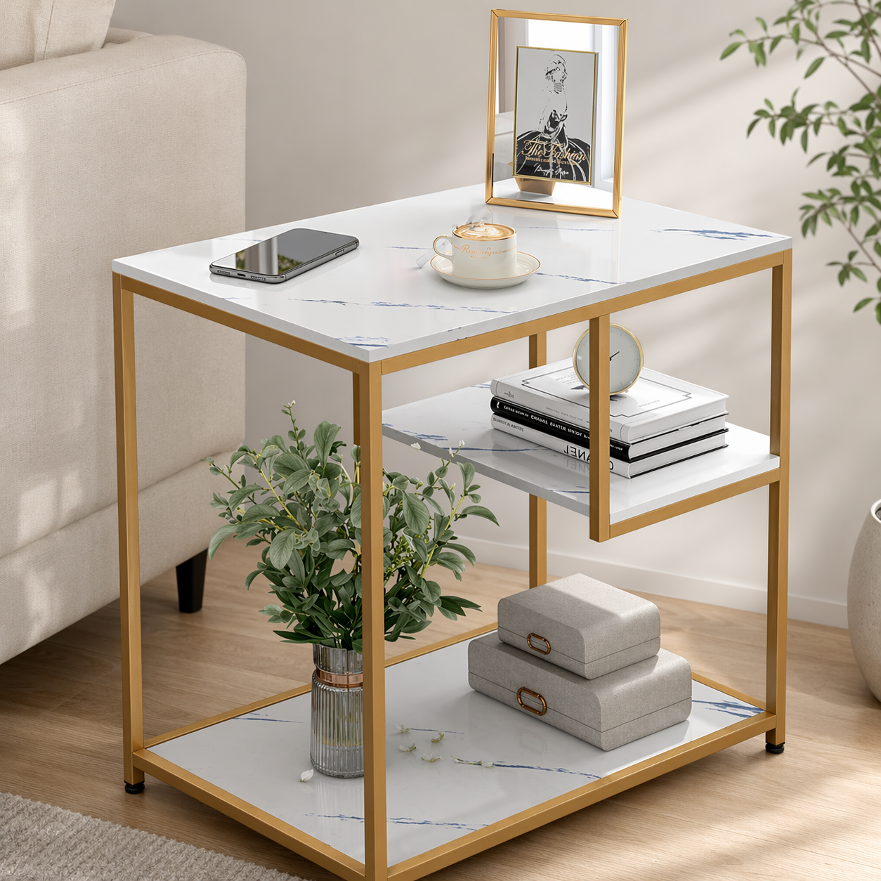 Masuta blat tip marmura, cadru metalic, 3 niveluri, 60x40x68 cm