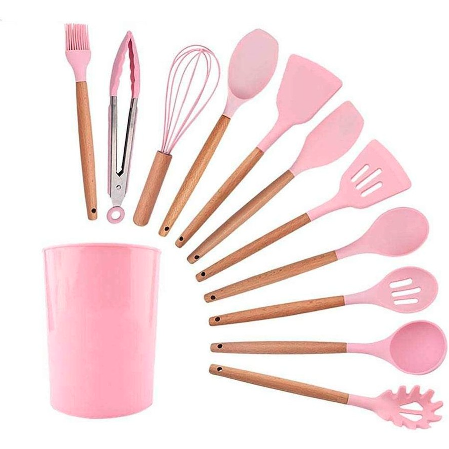 Set 12 ustensile din silicon, pentru gatit - Roz