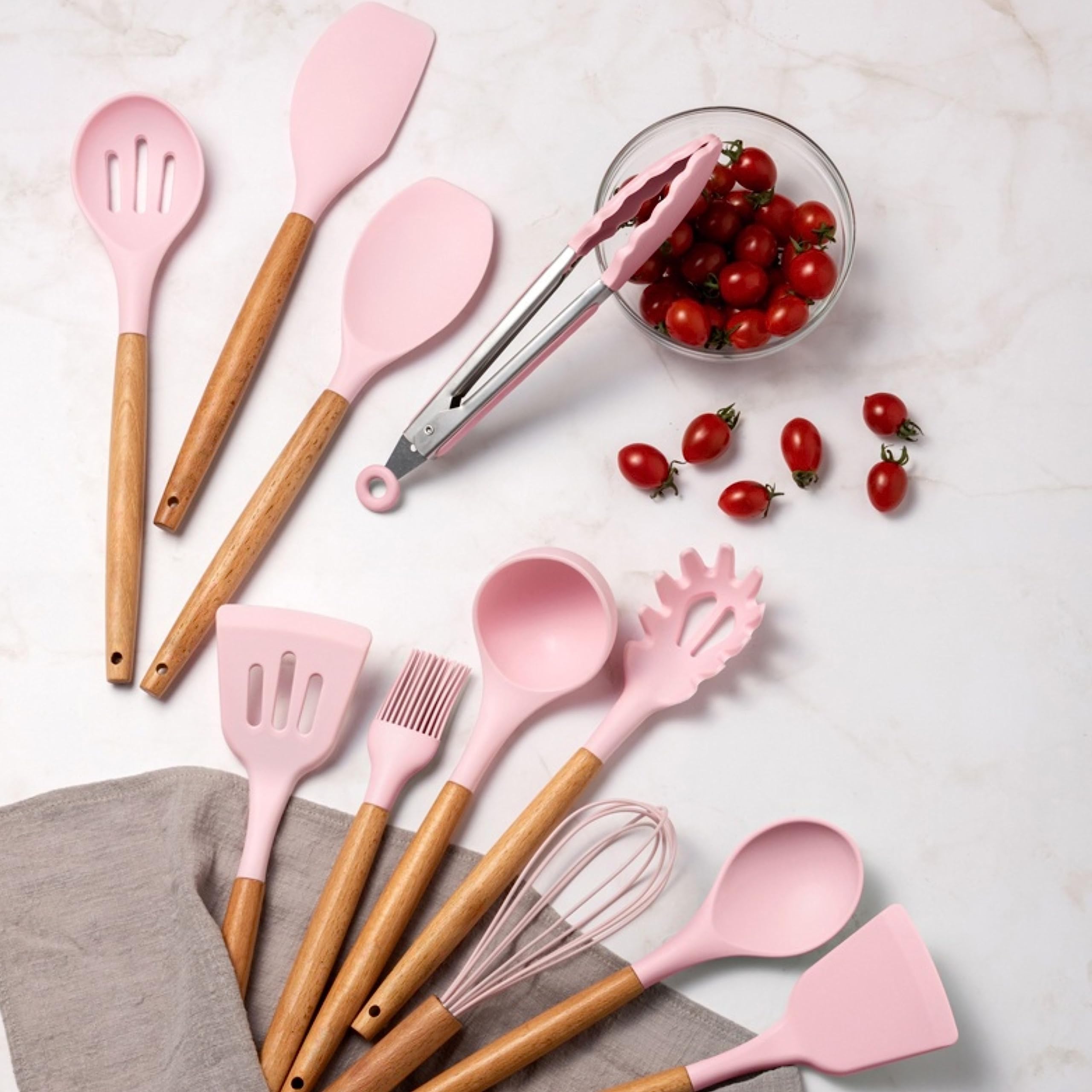 Set 12 ustensile din silicon, pentru gatit - Roz