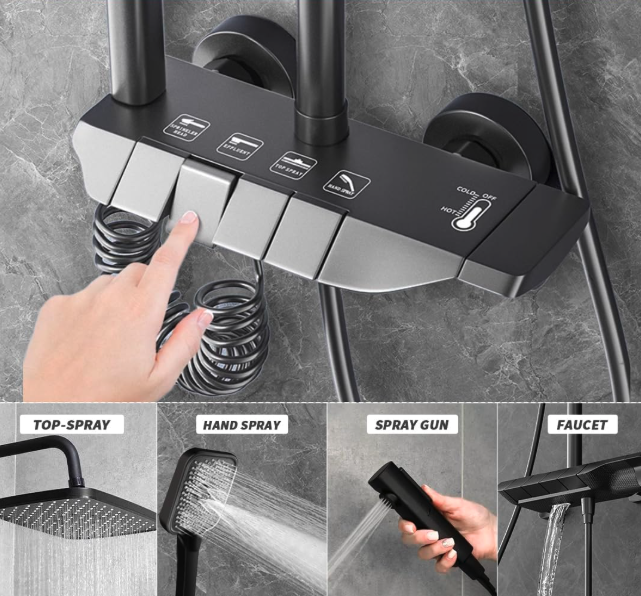 Set Premium: coloana dus, alama-cupru, 4 functii, butoane piano, gri grafit