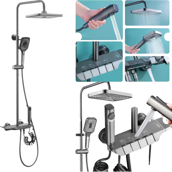 Set Premium: coloana dus, alama-cupru, 4 functii, butoane piano, gri grafit