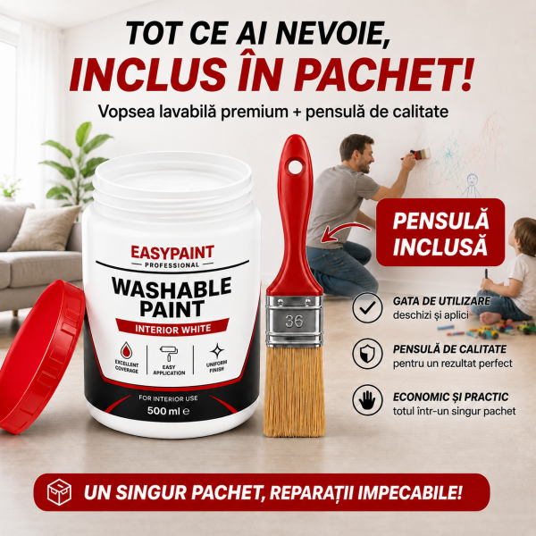 Vopsea lavabila 500 ml, pensula aplicare pentru reparatii rapide