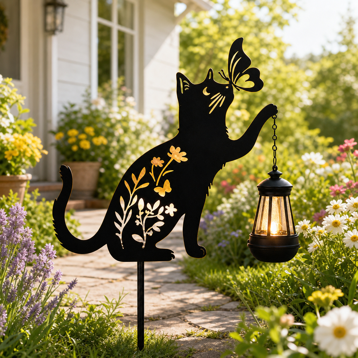 Lampa solara de gradina, decoratiune metalica, Pisica