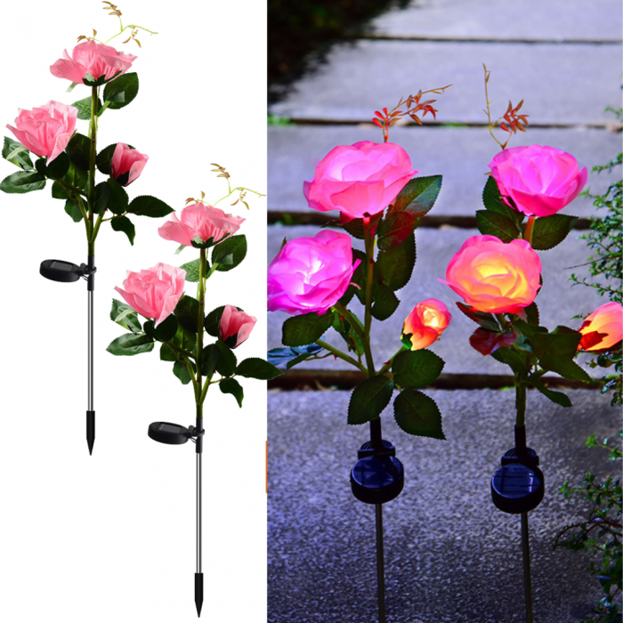 Set 2 x Lampa solara Trandafir Roz, 3 flori LED