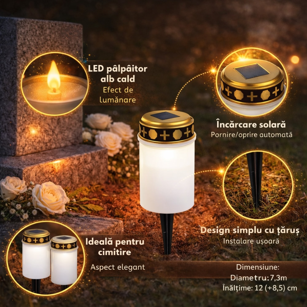 Set 4 x Candela solara LED, lumanare cu efect de flacara, Alb