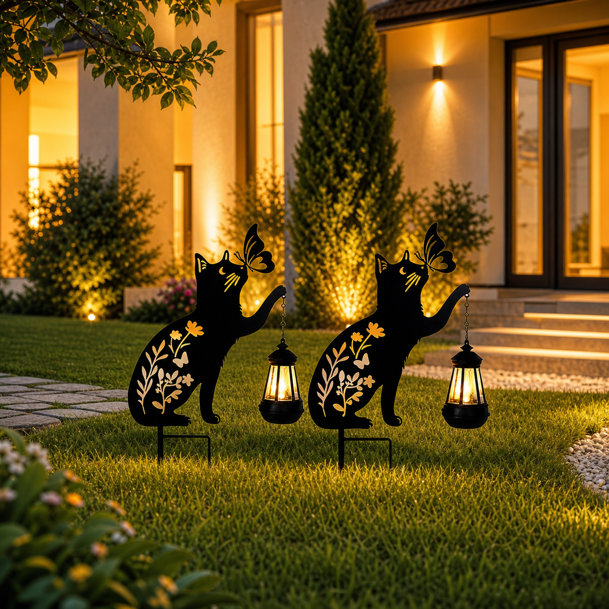 Set 2 x Lampa solara de gradina, decoratiune metalica, Pisica