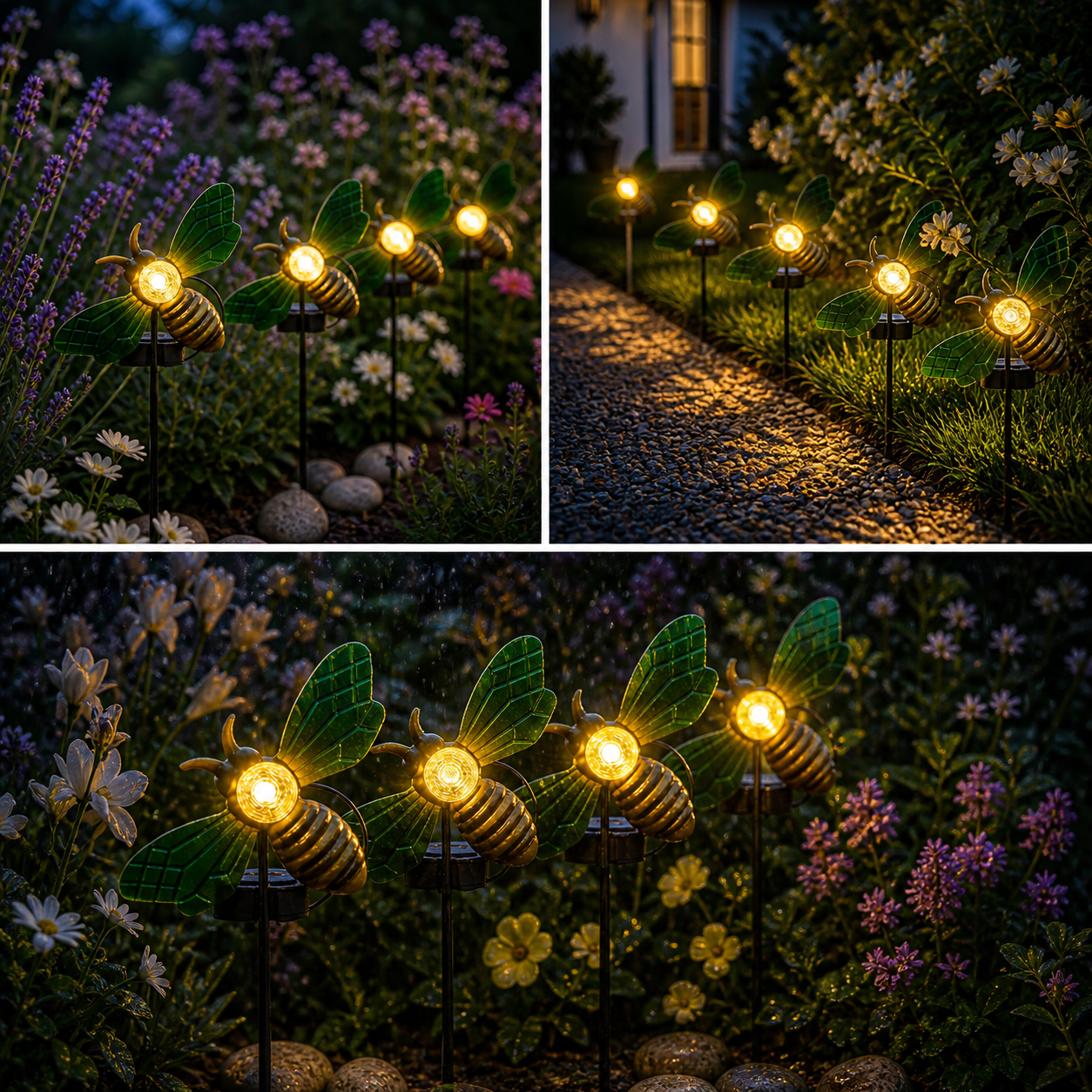 Set 4 lampi solare LED pentru gradina, metal, Albinute 3D