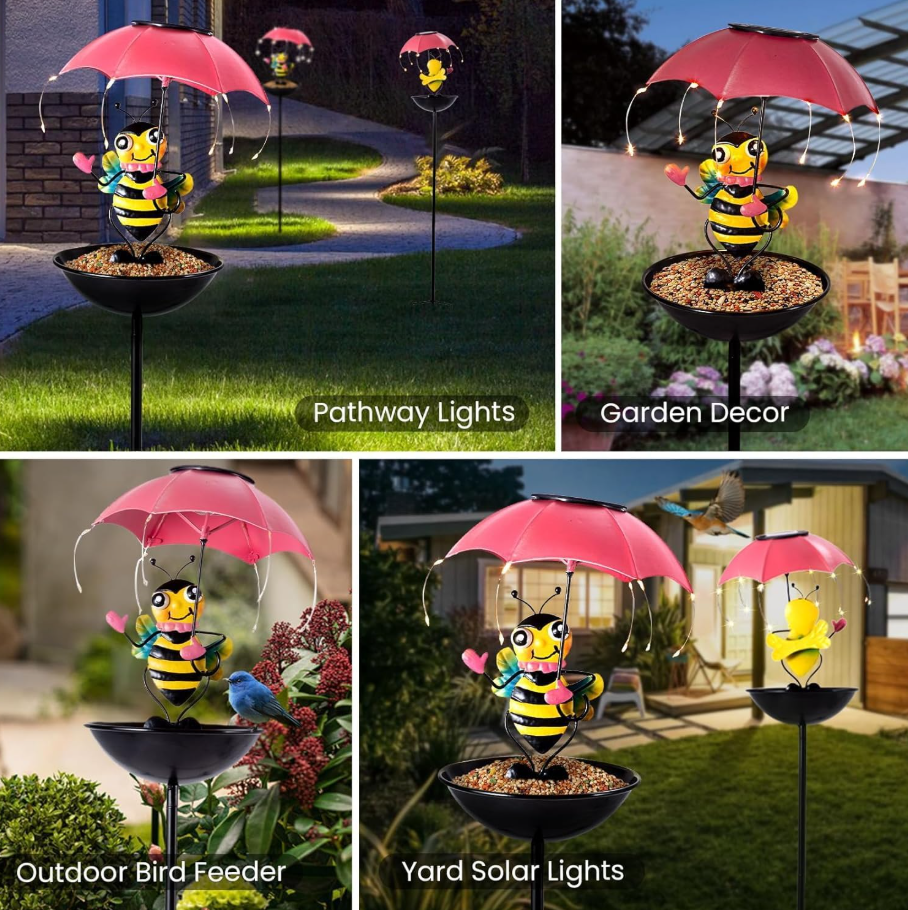Lampa solara decorativa cu hranitoare pentru pasari, Model Albinuta