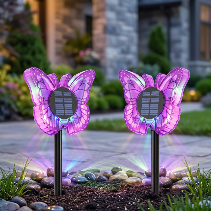 Set 2 x Lampa solara LED Fluture RGB, montaj pe perete sau sol