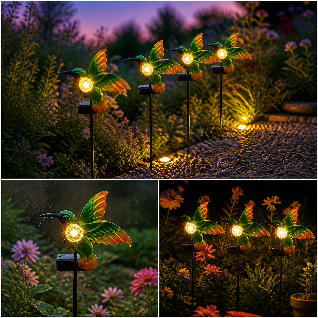 Set 4 lampi solare LED pentru gradina, metal, Colibri 3D