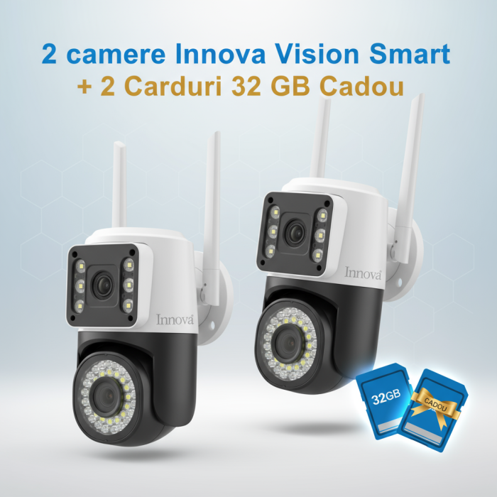Set 2 x Camera Video Dual Lens 6MP, 42 LED, Vedere 360°, Wi-Fi, Card 32GB