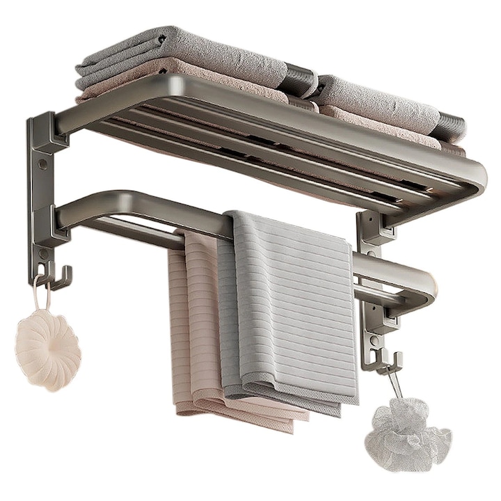 Suport pliabil prosoape 60 cm, aluminiu, 2 niveluri, gri