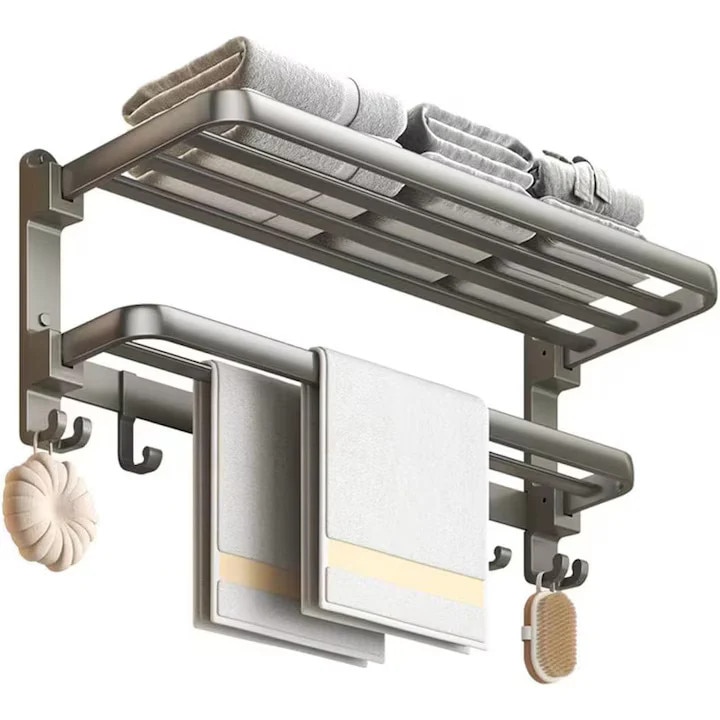 Suport pliabil prosoape 60 cm, aluminiu, 2 niveluri, gri