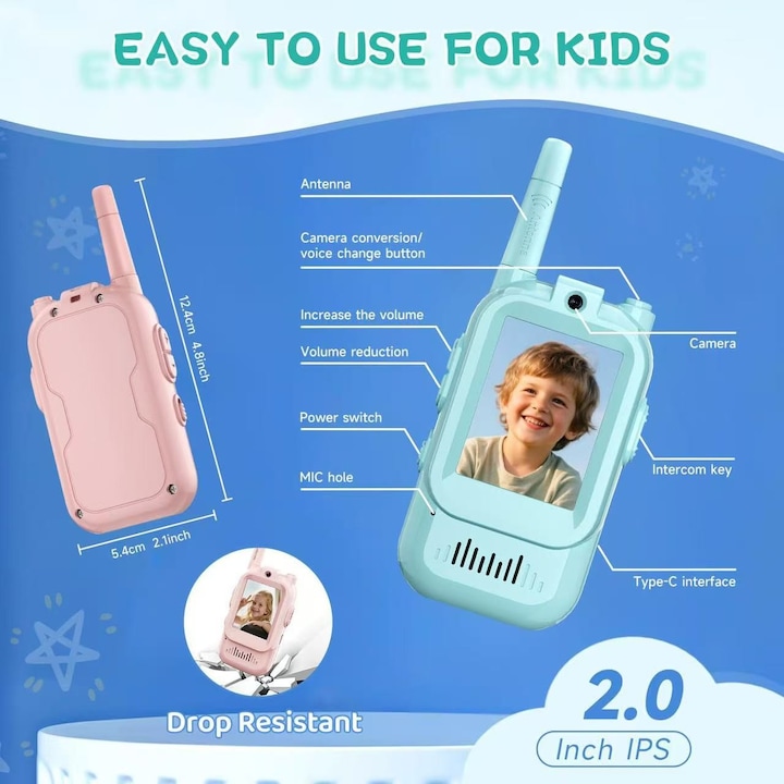 Set 2 x Walkie-Talkie video copii, reincarcabil, 4 moduri