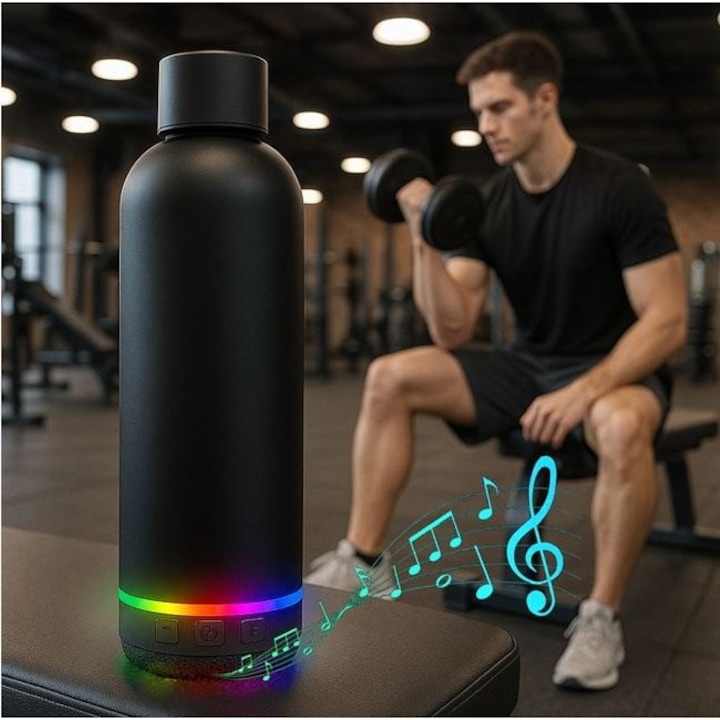 Termos cu boxa Bluetooth, 430 ml, otel inoxidabil, Negru