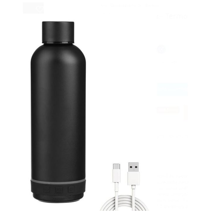 Termos cu boxa Bluetooth, 430 ml, otel inoxidabil, Negru