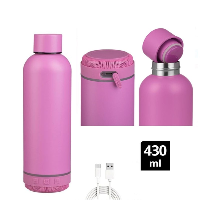 Termos cu boxa Bluetooth, 430 ml, otel inoxidabil, Roz