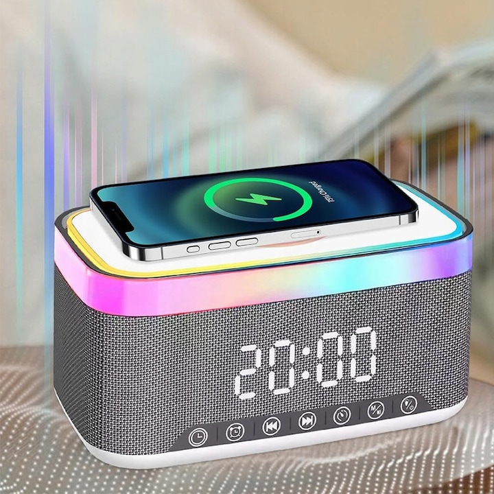 Ceas desteptator cu alarma, difuzor si incarcator wireless 15 W