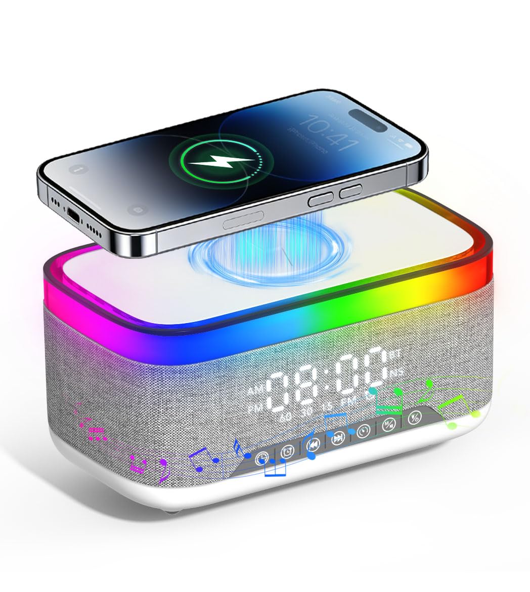 Ceas desteptator cu alarma, difuzor si incarcator wireless 15 W