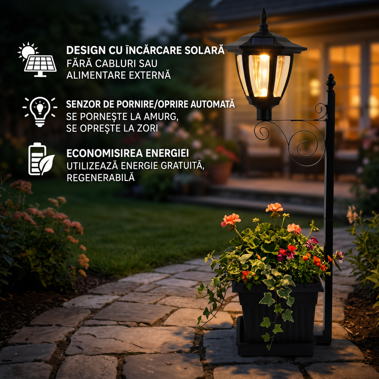 Lampa solara cu ghiveci integrat, LED alb cald
