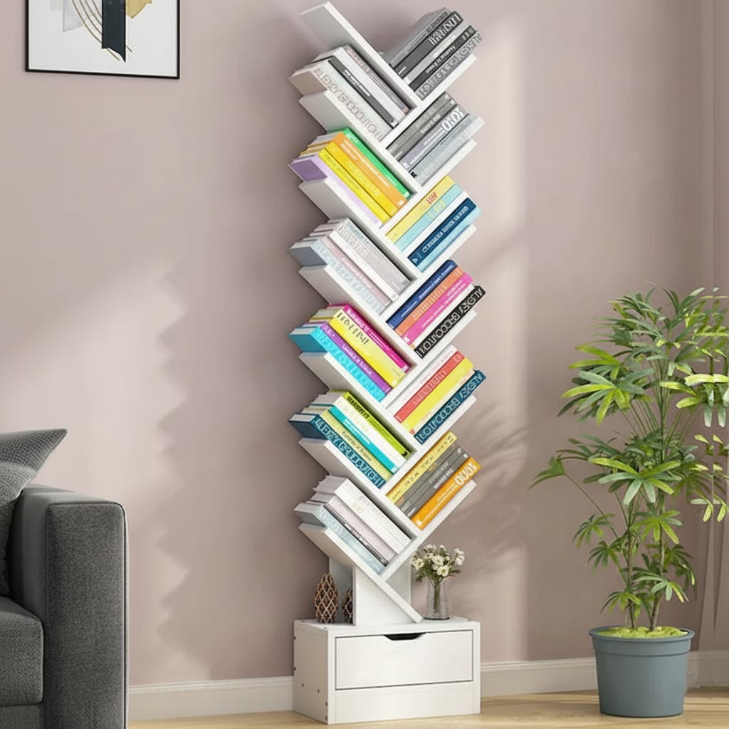 Biblioteca decorativa tip arbore cu 12 niveluri si sertar