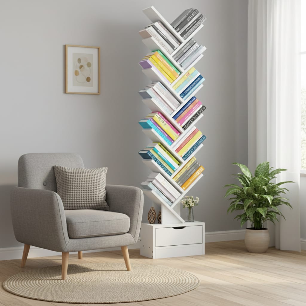 Biblioteca decorativa tip arbore cu 12 niveluri si sertar