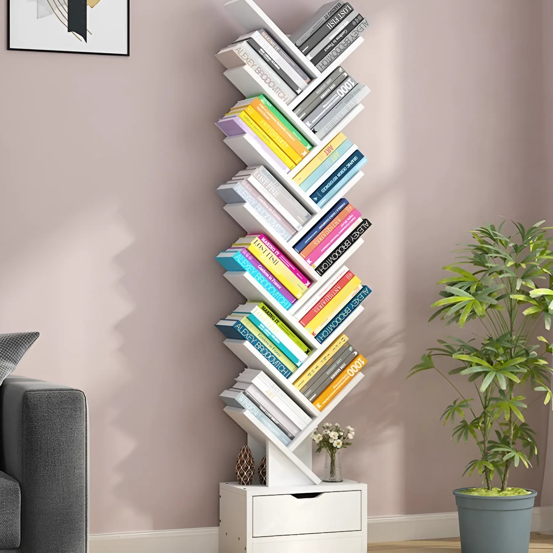 Biblioteca decorativa tip arbore cu 12 niveluri si sertar