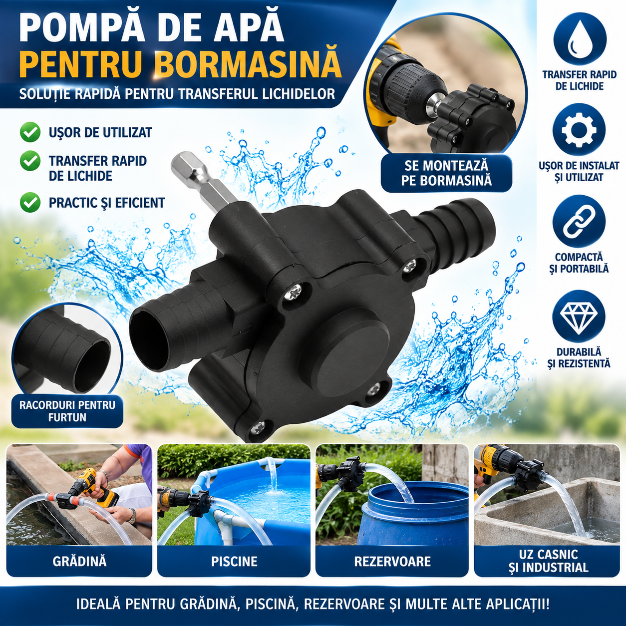Pompa de transfer auto-aspiranta pentru bormasina, 25 L/min