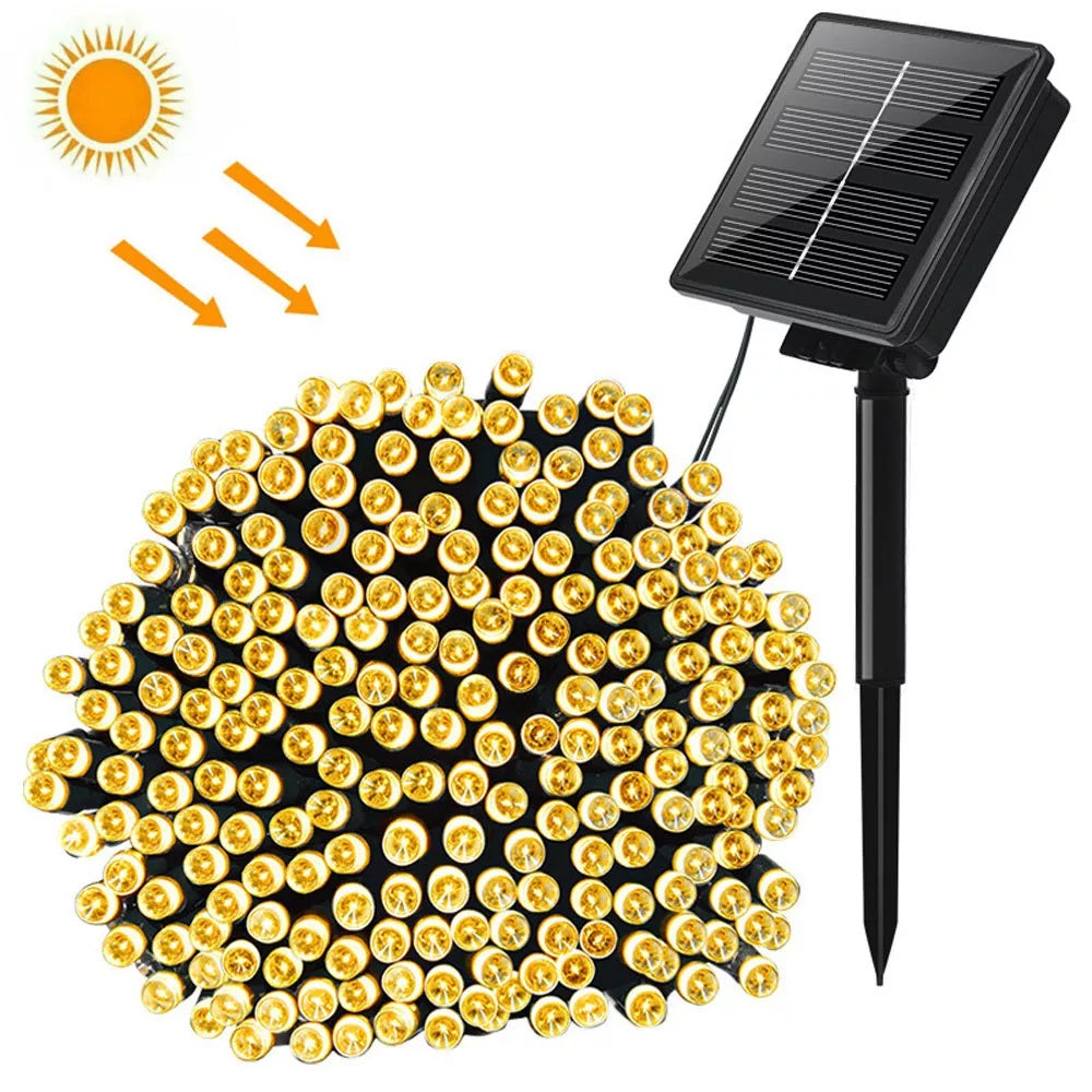 Instalatie solara 300 LED, 30 metri, Alb cald