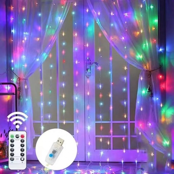 Instalatie Perdea LED 3x3 Metri, 300 LED, 8 Moduri de Iluminare, Multicolor