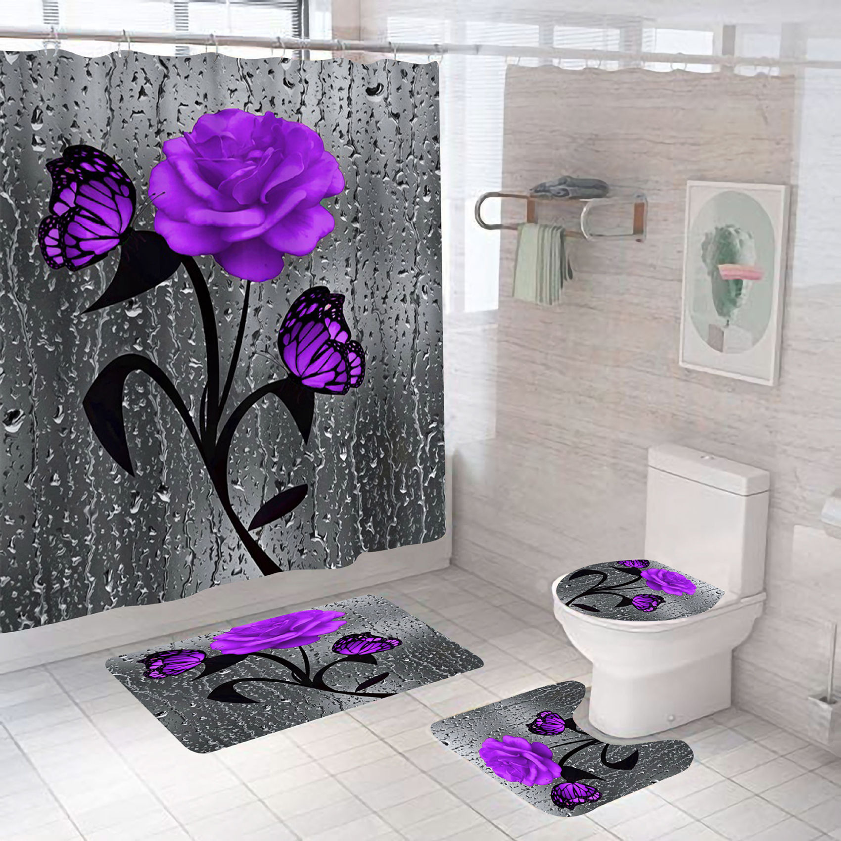 Set baie 4 piese: perdea, covorase si husa de toaleta, Purple Rose